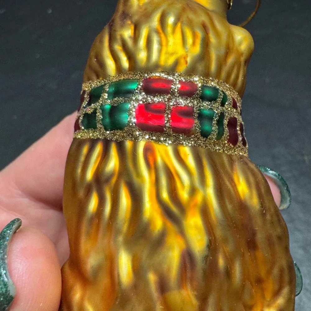 Vintage Blown Glass Cat Christmas Ornament Gold Tabby with Glitter Scarf 3 Inch
